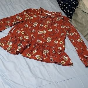 Moa Moa Top Rust Orange Flowers Peplum Medium